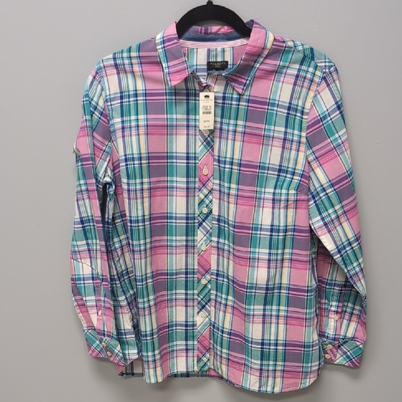 NWT Talbots Petite Size Large Pink, Green and Blue Plaid Button Down Shirt. - Picture 1 of 4